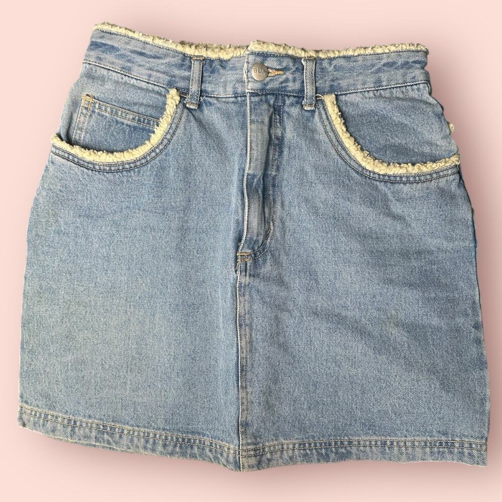 VTG 90s Y2K Trashy Mini Skirt Fur Trim Bimbo Denim Jean Size 11 BUM High Rise